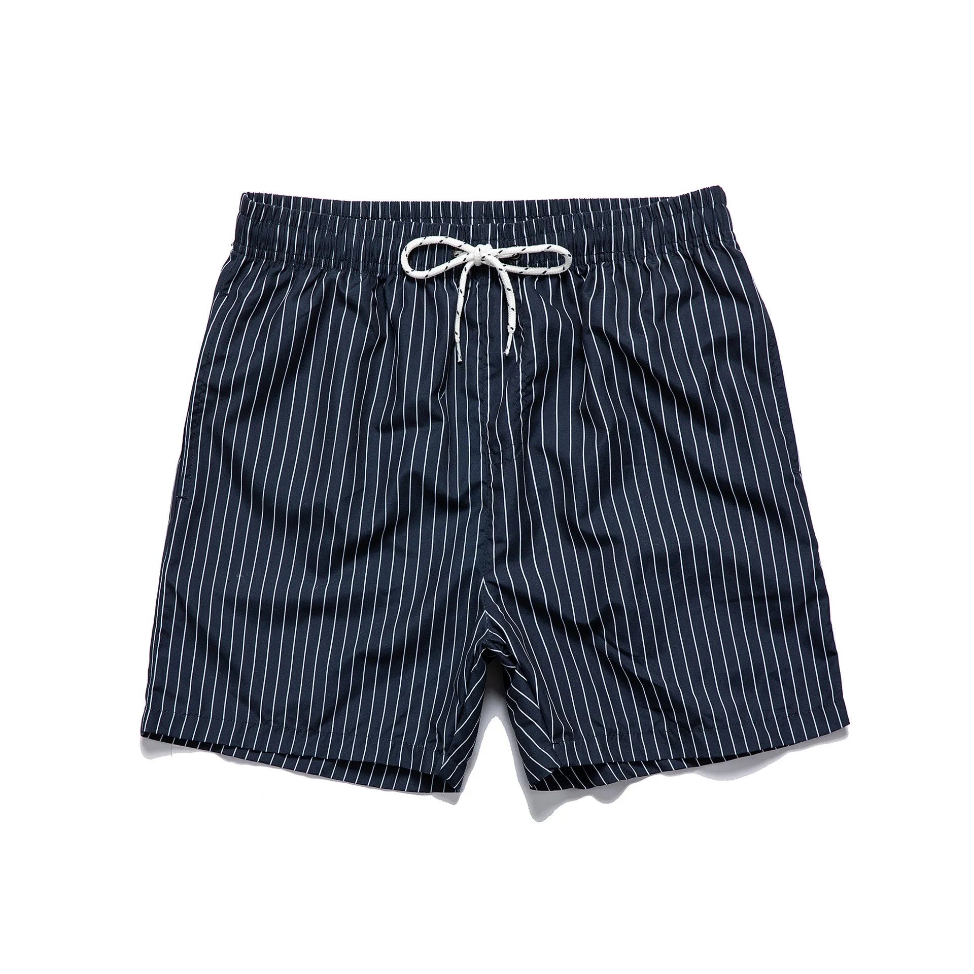 Striped polyester fibre beach shorts with triangle lining in navy blue, straight leg design