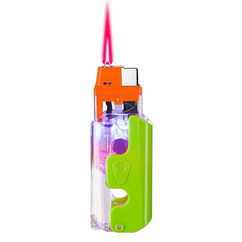 Colourful plastic lighter in orange, purple or green with wind-resistant design