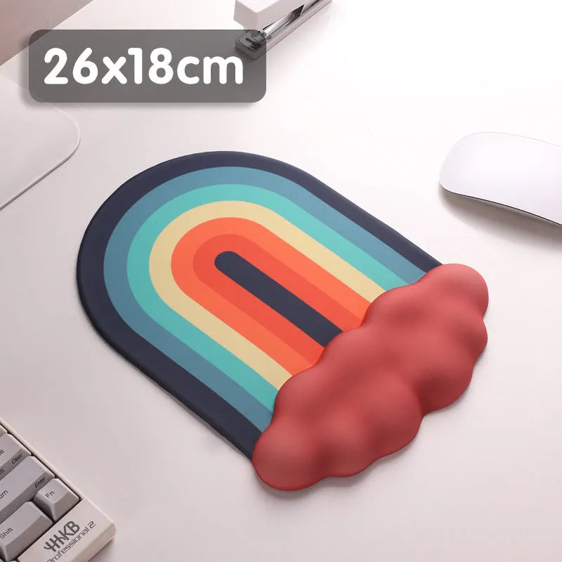 Silicone wrist rest mouse pad and keyboard holder set with cloud pattern on a desk.