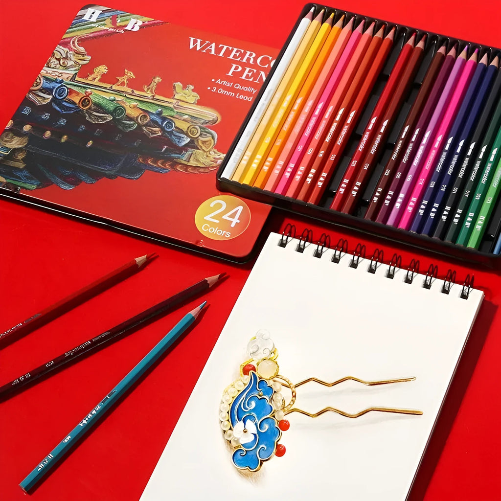 Water-soluble coloured pencil set with 24 colours in a protective iron art box