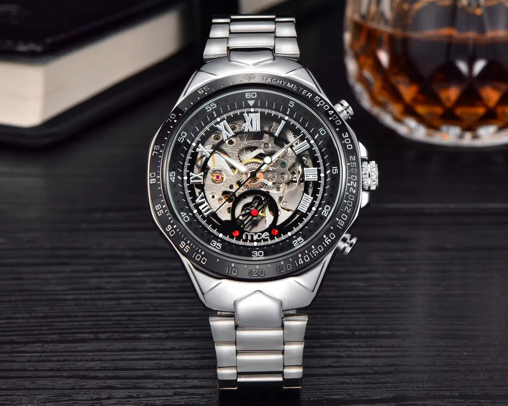 MCE men's explosion-proof mechanical watch on wrist, showing robust case and clear dial.