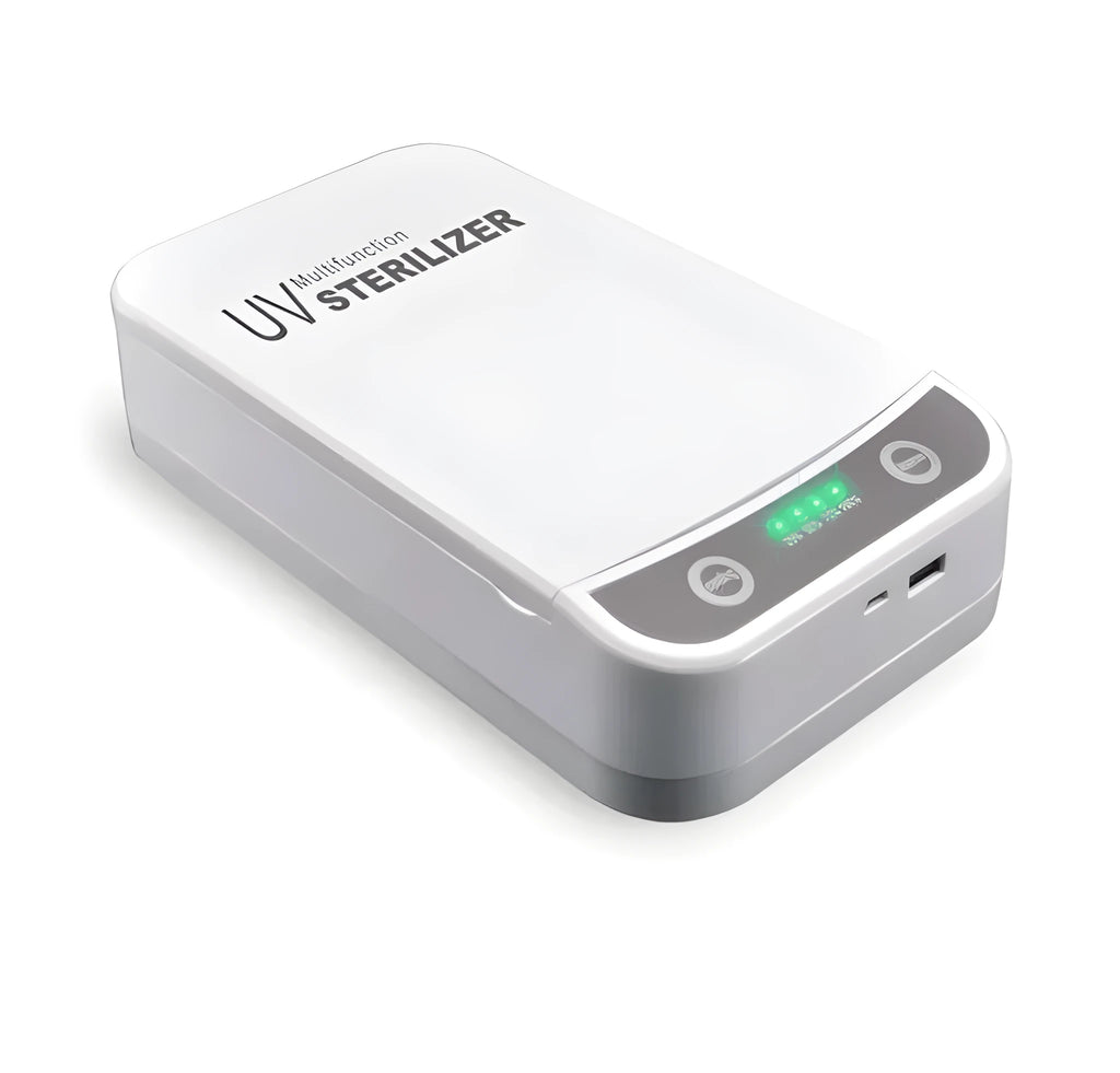 White UV disinfection box with internal chamber for sanitising mobile phones and small items.