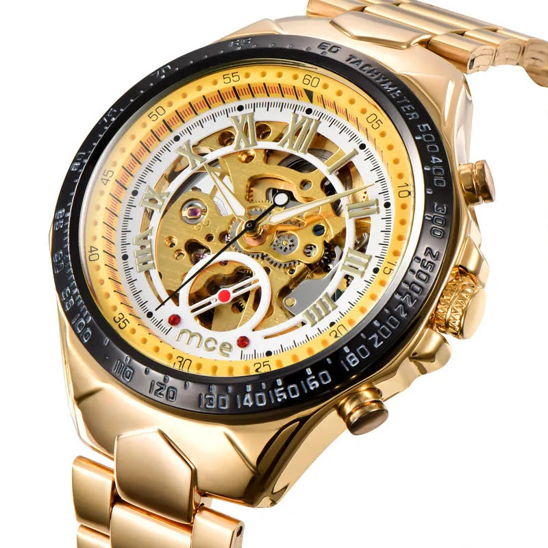 MCE men's explosion-proof mechanical watch on wrist, showing robust case and clear dial.