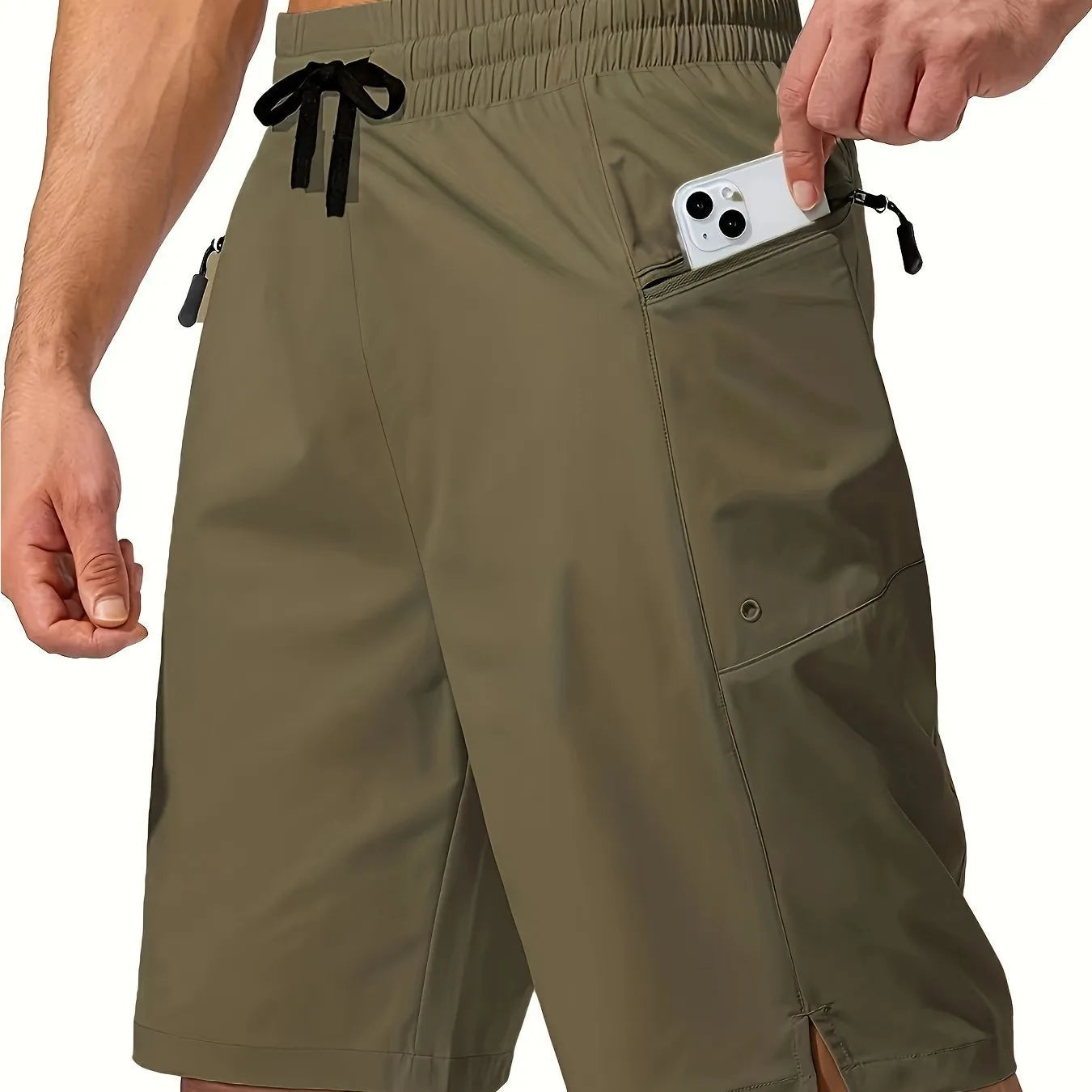 Men's quick-drying beach shorts in solid colours showing straight-leg design and polyester fabric texture