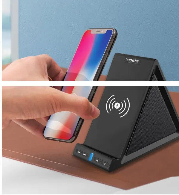 Black multifunctional Bluetooth speaker with wireless charging phone stand and 2000mAh power bank