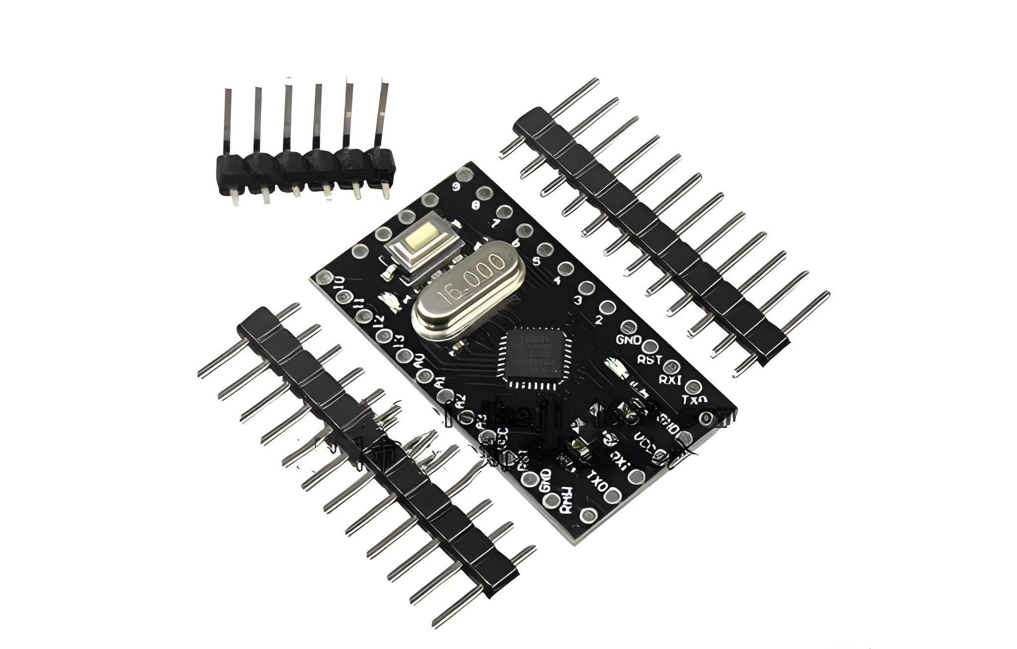 Mini Pro ATMEGA328P microcontroller circuit board showing pin headers and components.