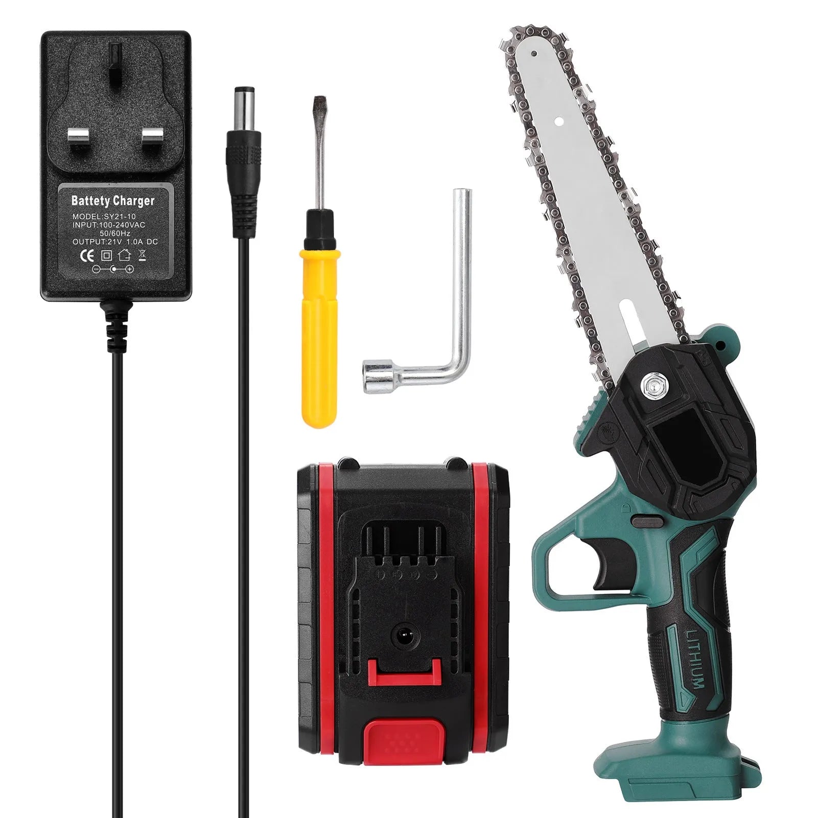 Green mini electric chainsaw with a 4-inch bar held in one hand, showing its compact and lightweight design.