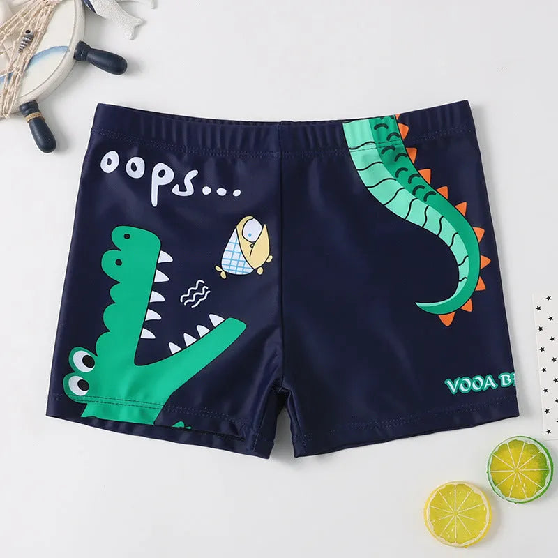 Cartoon boy swimsuit in navy blue with spandex blend, polyester lining, for children's swimming