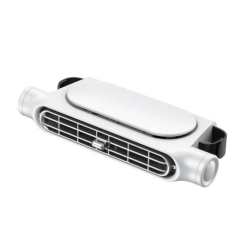 2024 USB car fan with no blades and Velcro strip, in black, white, or beige, showing button and USB cable.