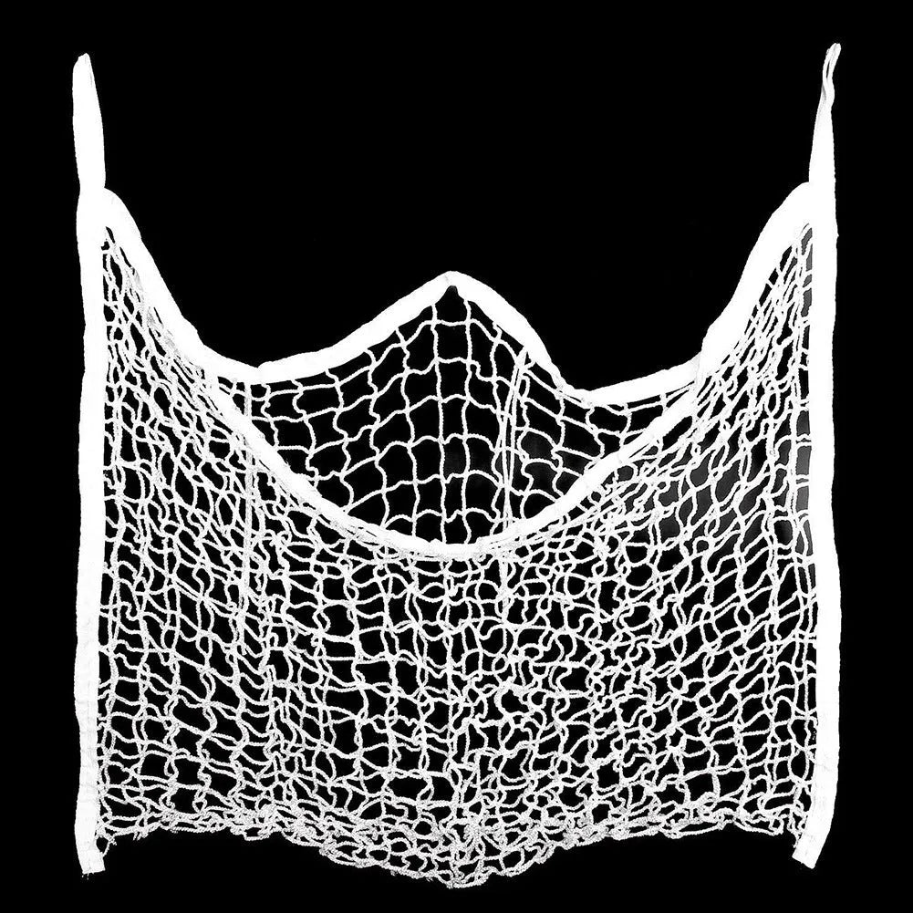 Black woven PE rope grid hanging feeding bag for horses and livestock.