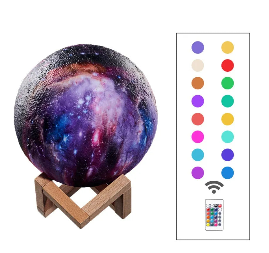 3D-printed spherical moon night light glowing with colour-changing LEDs on a dark surface.