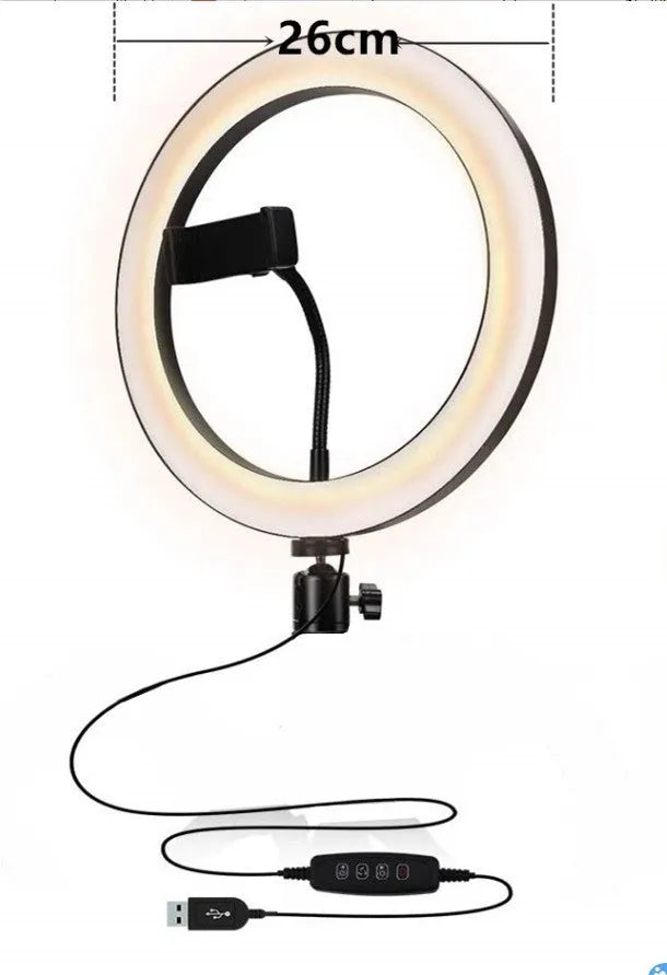 Adjustable live phone stand extended to full height with desk clamp and flexible gooseneck arm holding a mobile phone.