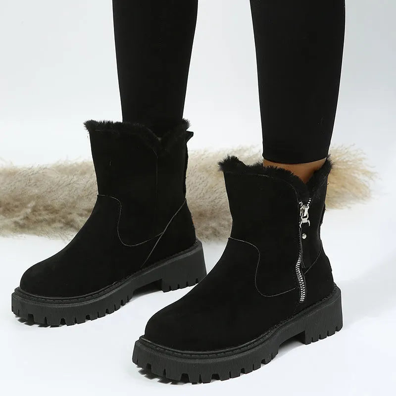 Women's black thick plush high-top snow boots with a side zipper and rubber sole