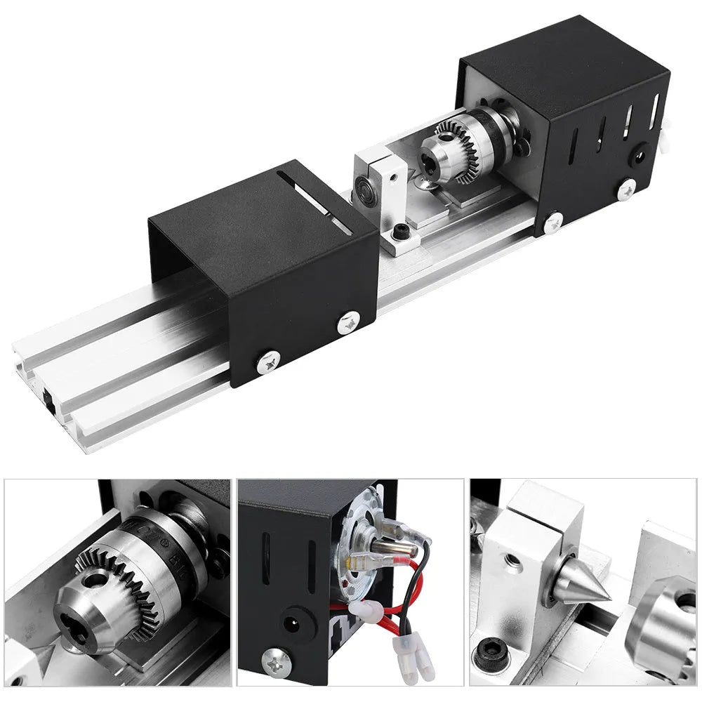 Mini metal woodworking lathe with carving knives and accessories on workbench
