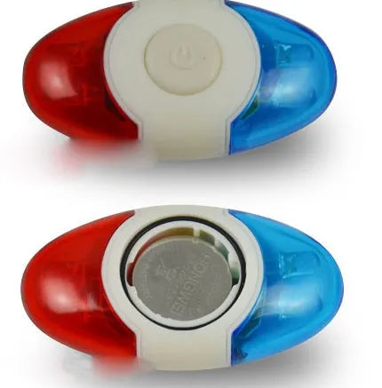 Red and blue LED equipment tail light with adjustable base showing horizontal and vertical placement options