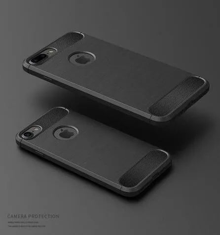 A solid-colour shock-proof TPU phone case for iPhone, shown in black, blue, grey, navy, and red colour options.