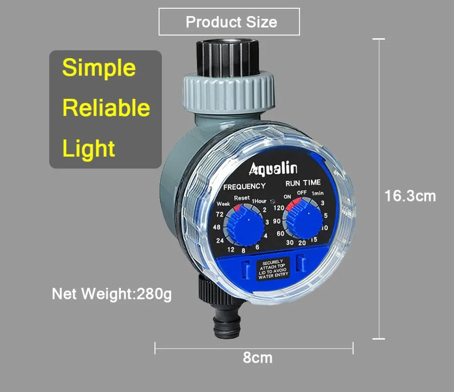 Automatic garden watering timer device attached to outdoor faucet for programmed irrigation