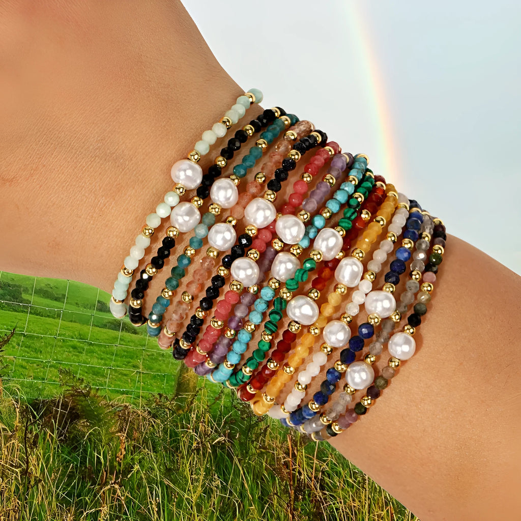 Natural stone geometric bracelet with elliptical elements showing colour variations BB24071801A to O