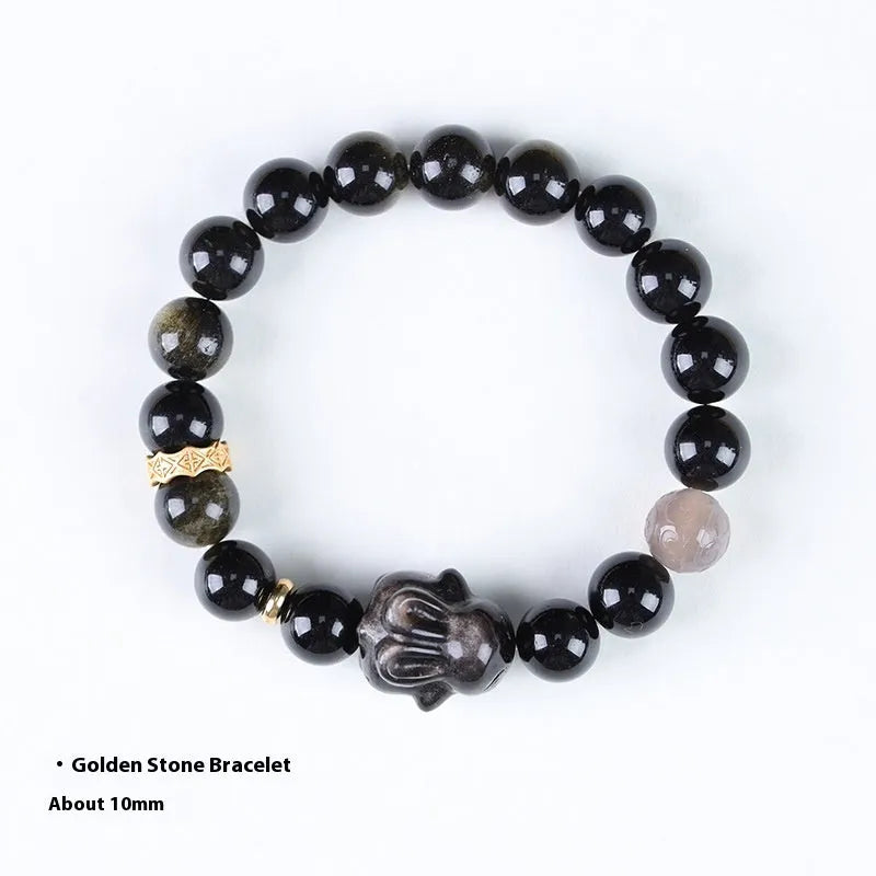 Handmade national style bracelet with a lying rabbit Jin Yaoshi charm and gray agate beads.