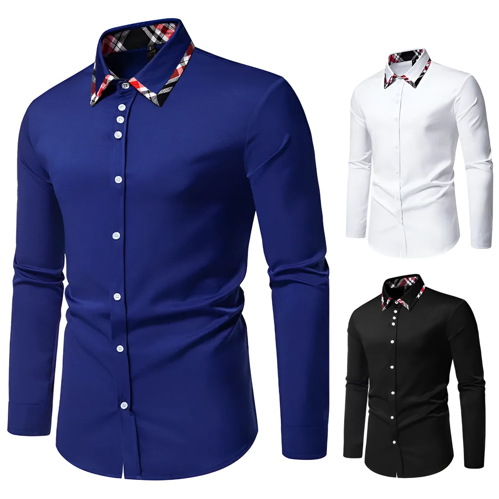 Men's long sleeve plaid shirt with a triangle collar in black, blue, or white.