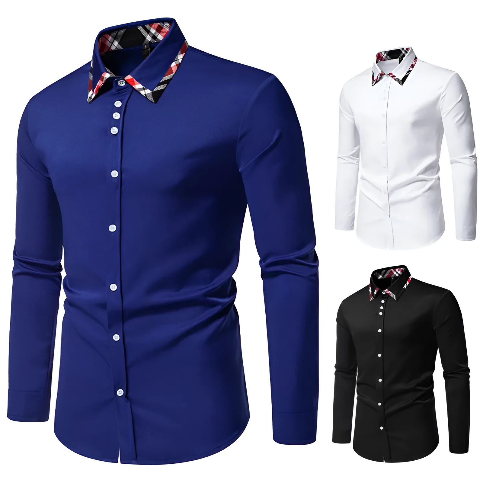 Men's long sleeve plaid shirt with a triangle collar in black, blue, or white.
