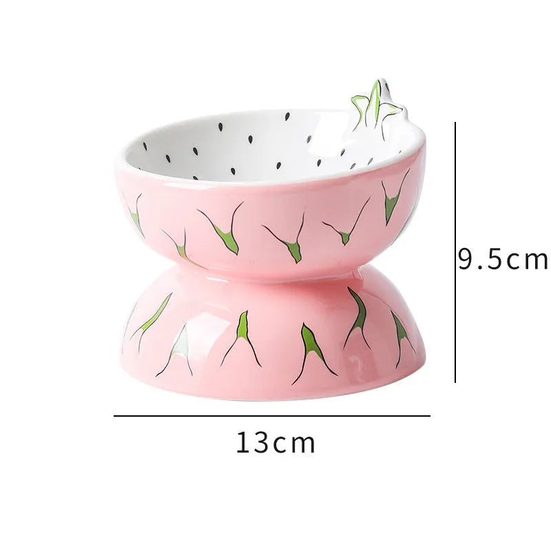 Ceramic elevated cat bowl with tilted design and patterned finish for comfortable pet feeding
