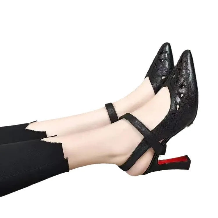 Women's red pointed toe backless sandals with high heel and hollowed toe box detail on a white background.