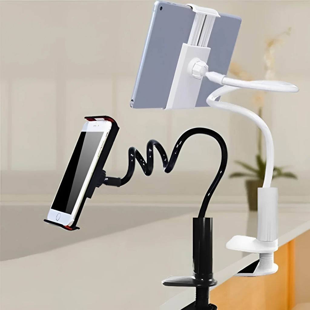 Flexible mount holder with bendy arm and suction base holding a smartphone