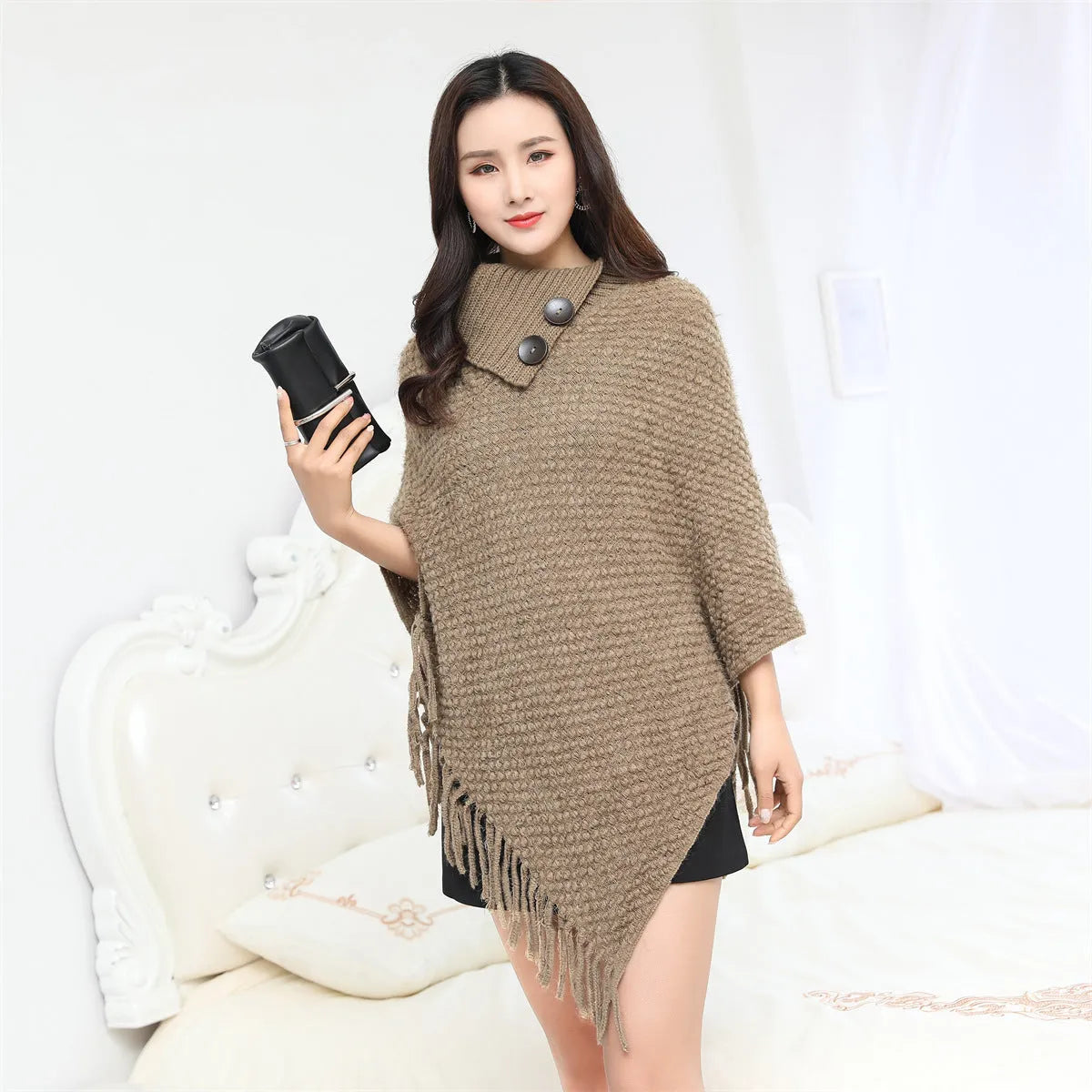 Warm sleeveless cloak knitwear with dots pattern in khaki colour, free size, acrylic fibre