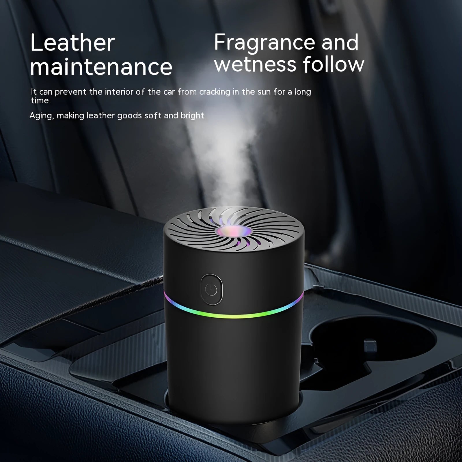 Small black and white car USB humidifier with aromatherapy function on a car dashboard.