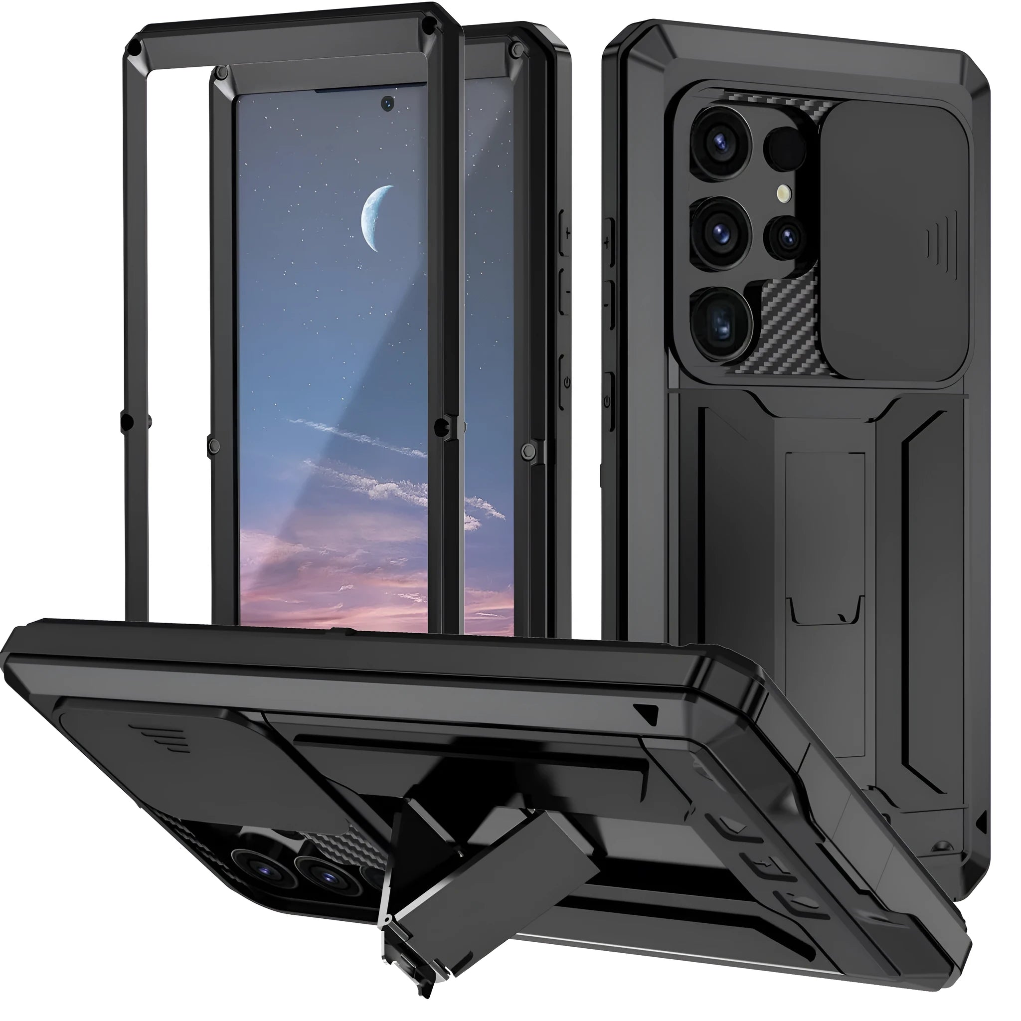 Metal phone case with invisible bracket for Samsung S25 Ultra in black showing rear camera cutout