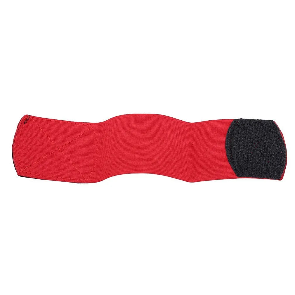 Silicone rubber shin guard fixing strap in red, shown stretched