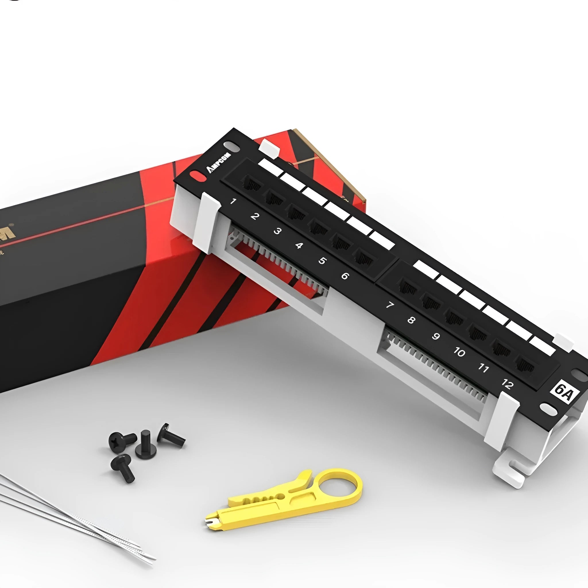 Black AMPCOM 12-port unshielded network distribution frame with rear hook bracket.