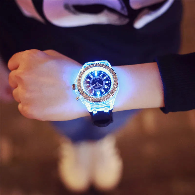 Women's LED luminous watch with round 43mm dial and silicone bracelet in multiple colour options