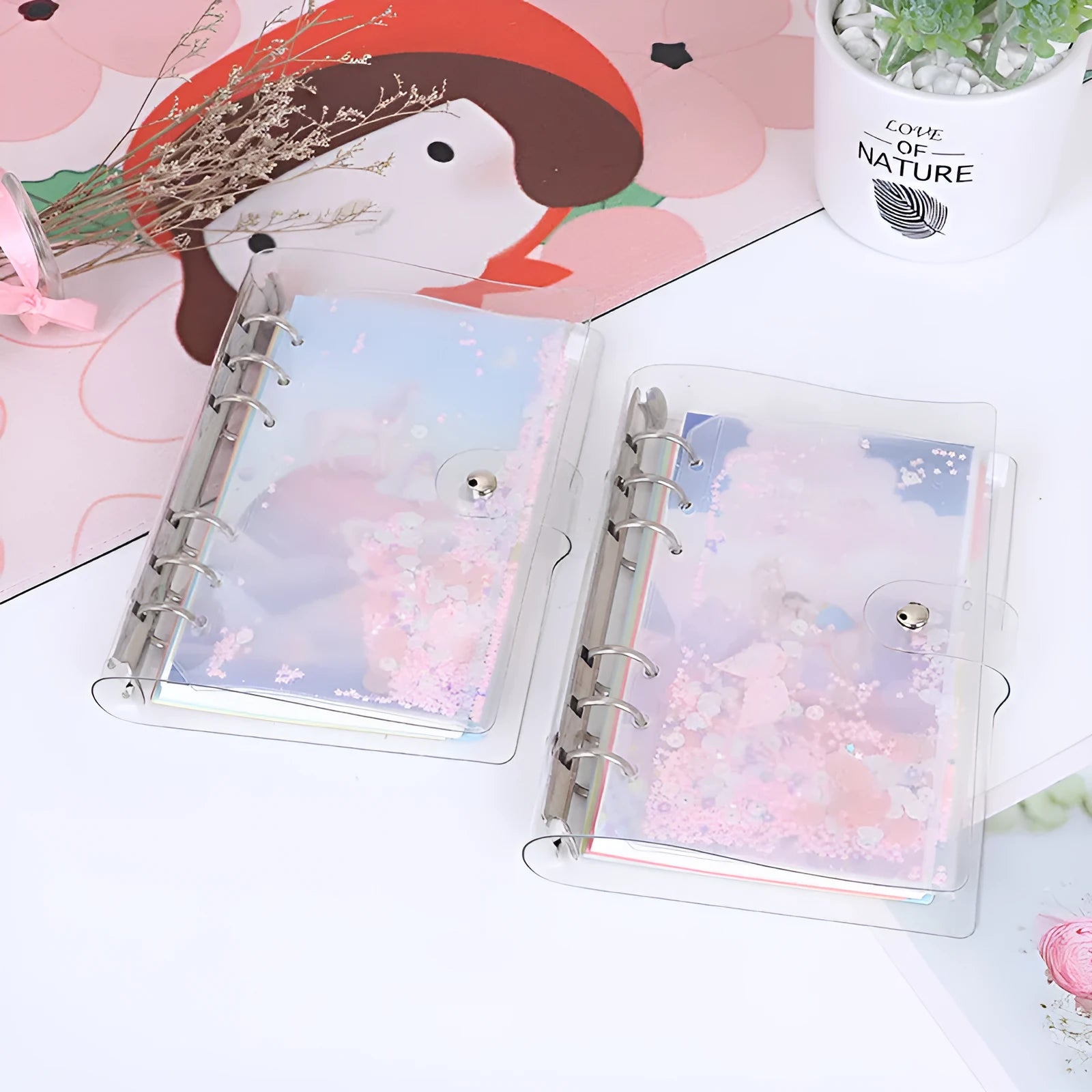 Metal binder shell loose leaf notebook with PVC cover in Alice Castle colour, showing Daolin paper and pull side bag.