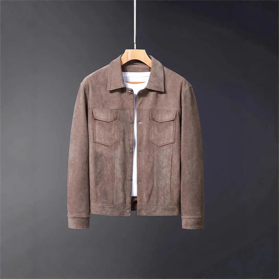 Deer Suede men's winter lapel work jacket in brown with 3D patch pockets and loose fit