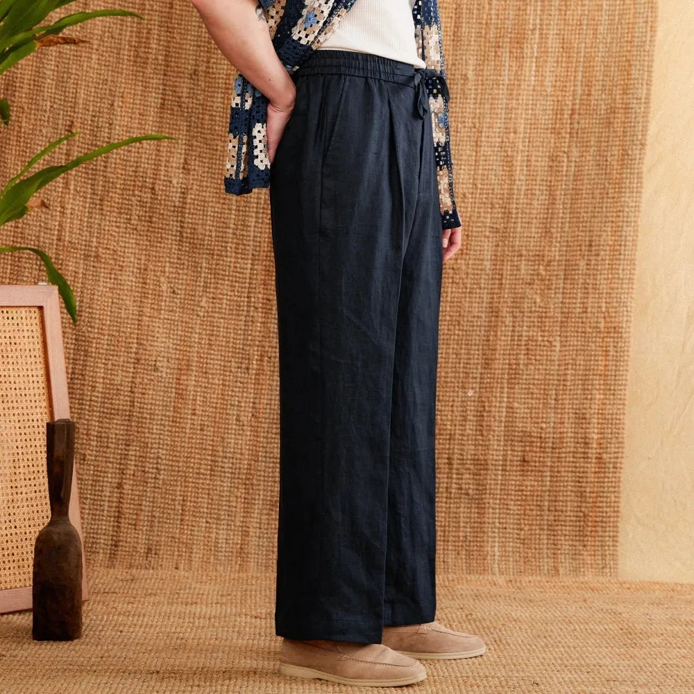 Linen straight-leg trousers with elasticated high waist in three colour options