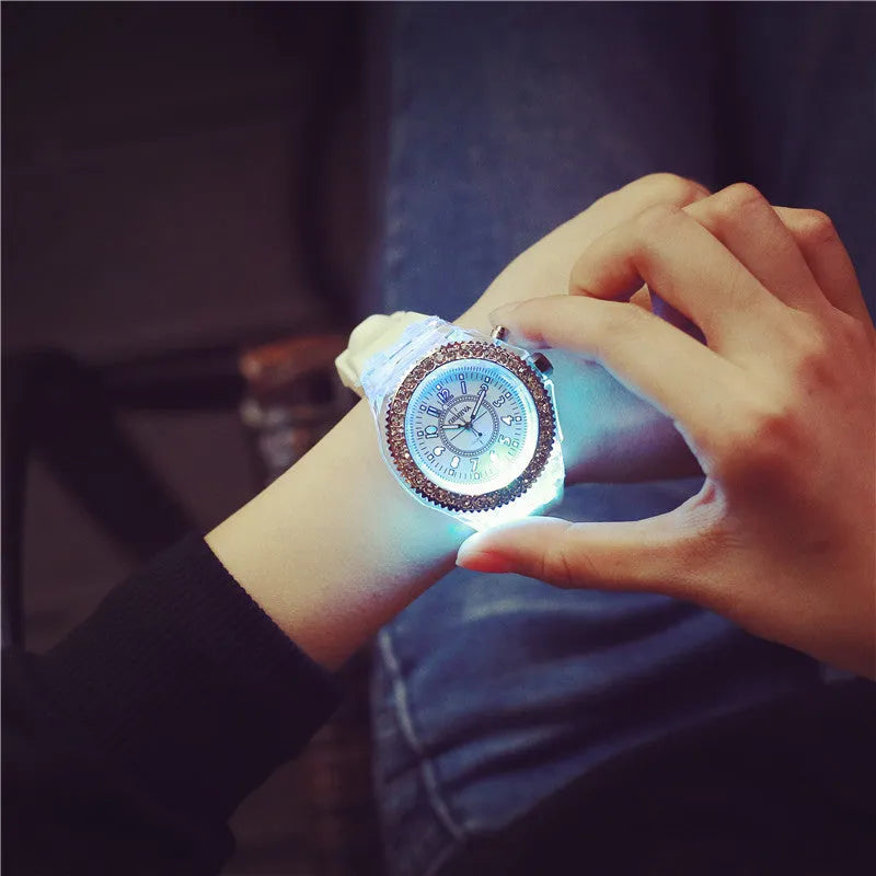 Women's LED luminous watch with round 43mm dial and silicone bracelet in multiple colour options