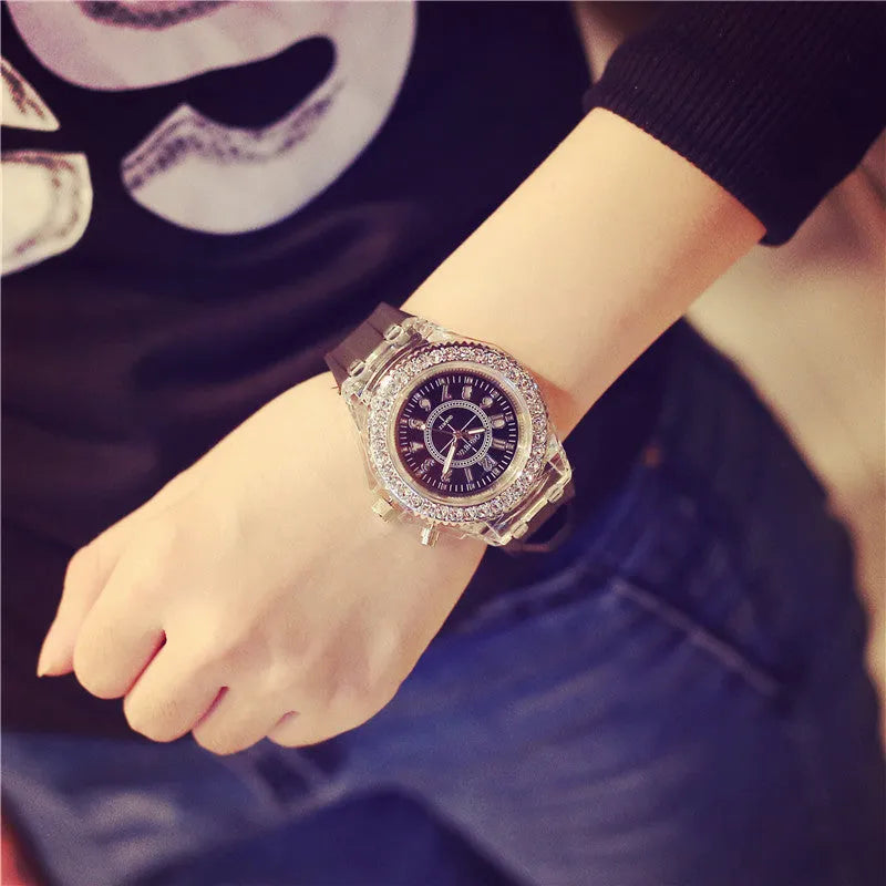 Women's LED luminous watch with round 43mm dial and silicone bracelet in multiple colour options
