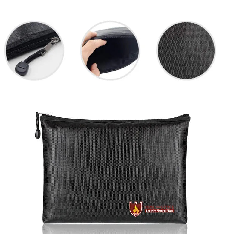Black fire-proof document bag with a zip closure, shown in small, medium, and large sizes.