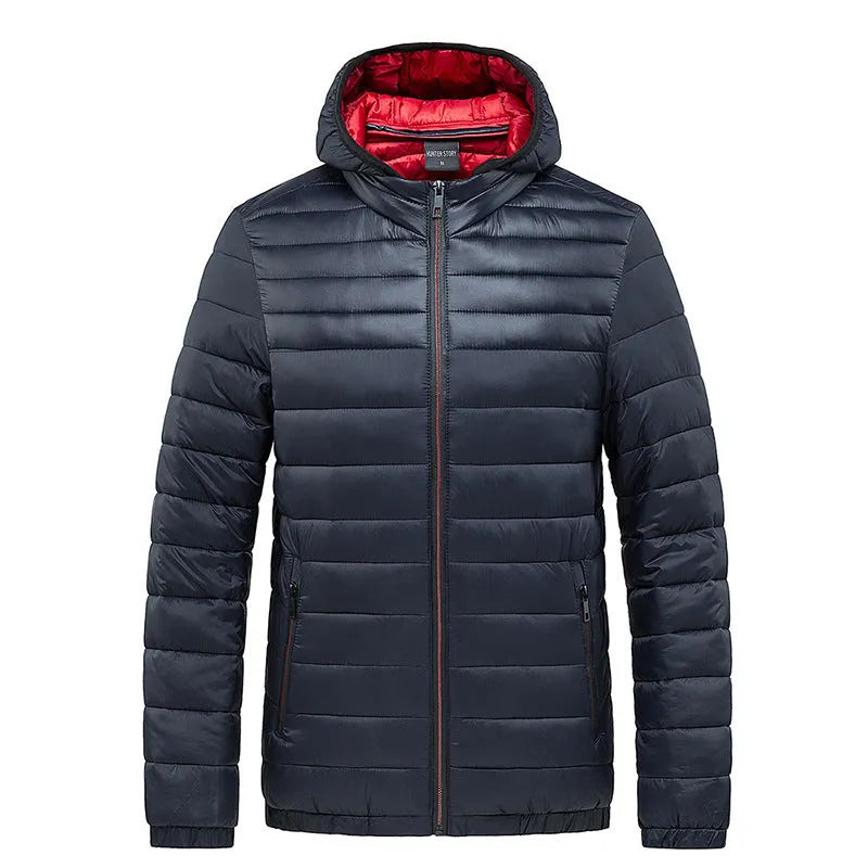 Men's hooded cotton-padded cardigan coat in army green Korean style zip front polyester filler