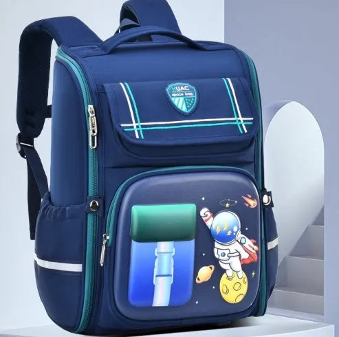 Children's cartoon backpack with airpillow straps in Spaceman Blue or Rabbit patterns for school spine protection