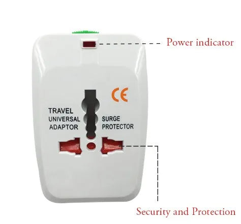 Compact white universal travel adapter plug for international power socket conversion.
