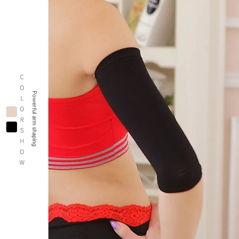 Women's black and skin colour shaping arm sleeves in free size made from nylon fabric