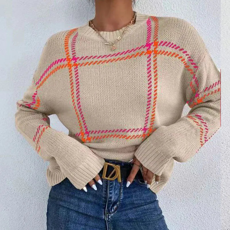 Women's plaid colour-block crew neck acrylic pullover sweater in loose fit