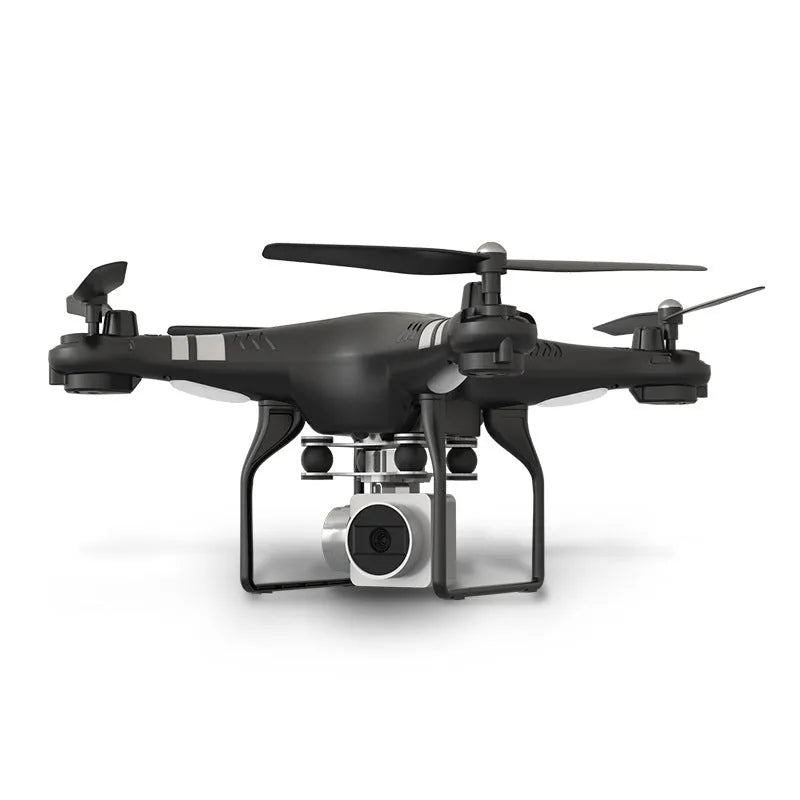 Alloy-built HD aerial photography drone with a handle remote controller, shown in black, red, or white colour options.