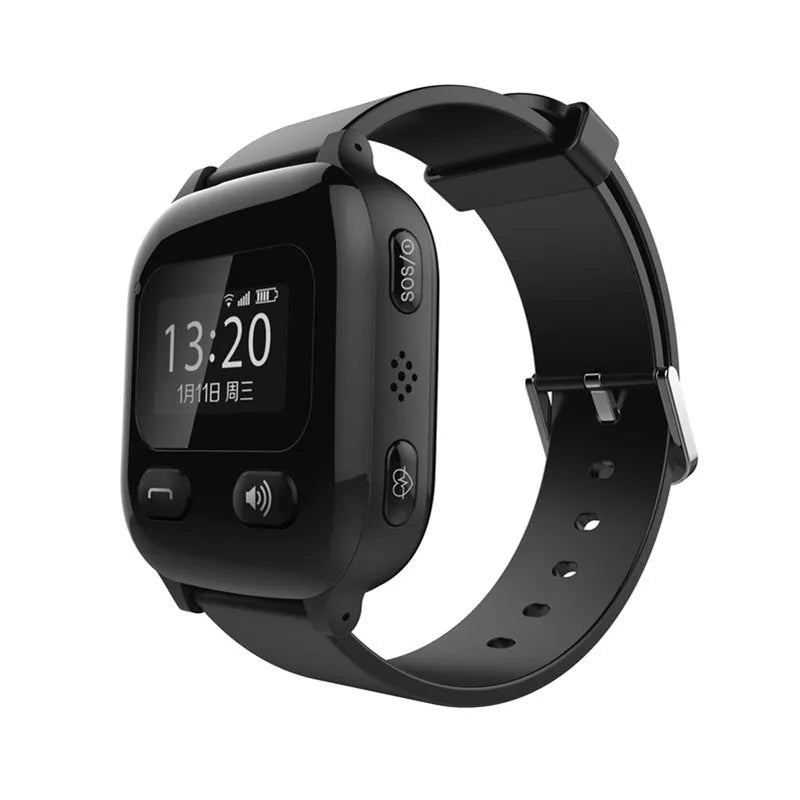 Black Aiqiangua S3 smartwatch for elderly GPS tracking on a wrist.