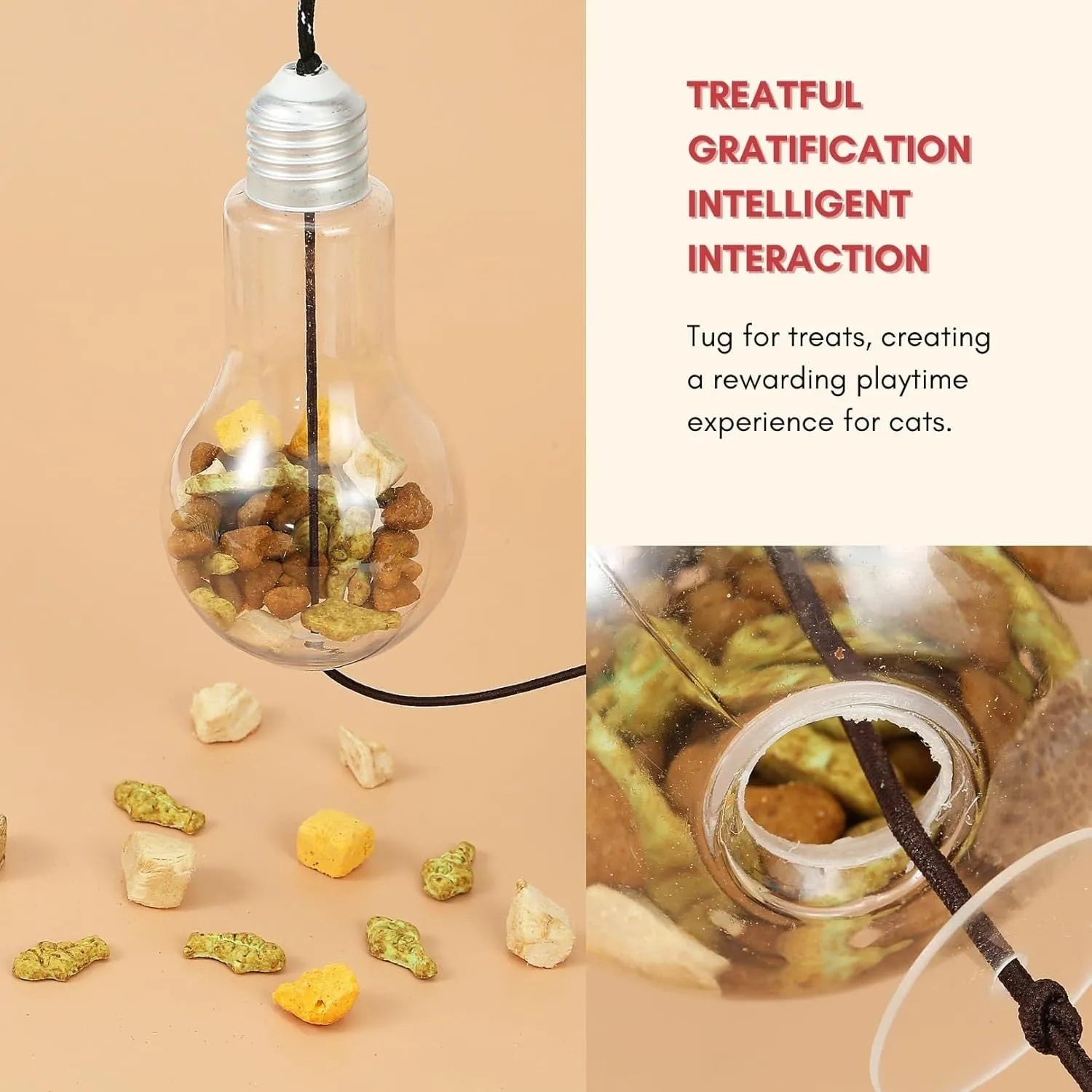 Interactive cat toy hanging from door frame with treat bulb and dangling mouse