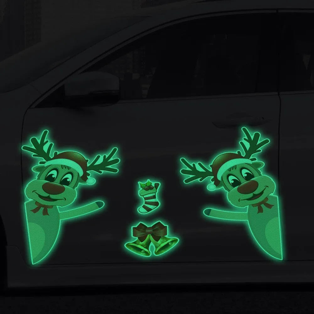 Magnetic luminous reflective Christmas bumper sticker featuring a cartoon elk with a bell