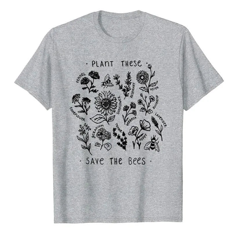 Women's casual Save The Bees t-shirt in white with cartoon print, short sleeves, 50% cotton